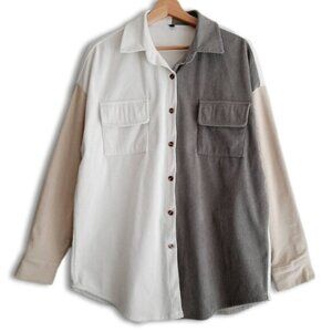 Colorblock Rib Corduroy Shacket Button Down Shirt Neutral White Gray Cream Sz L